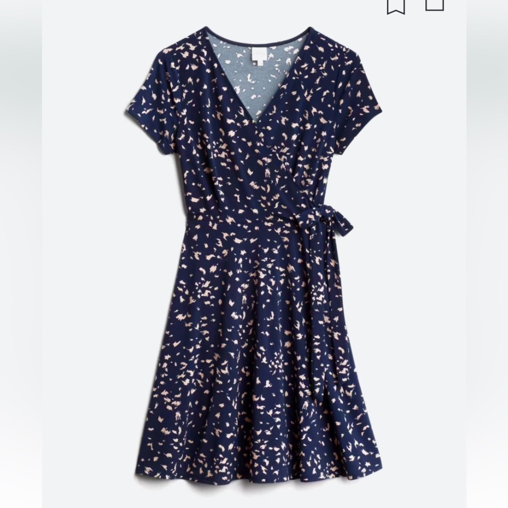 Navy blue and tan faux wrap knit dress